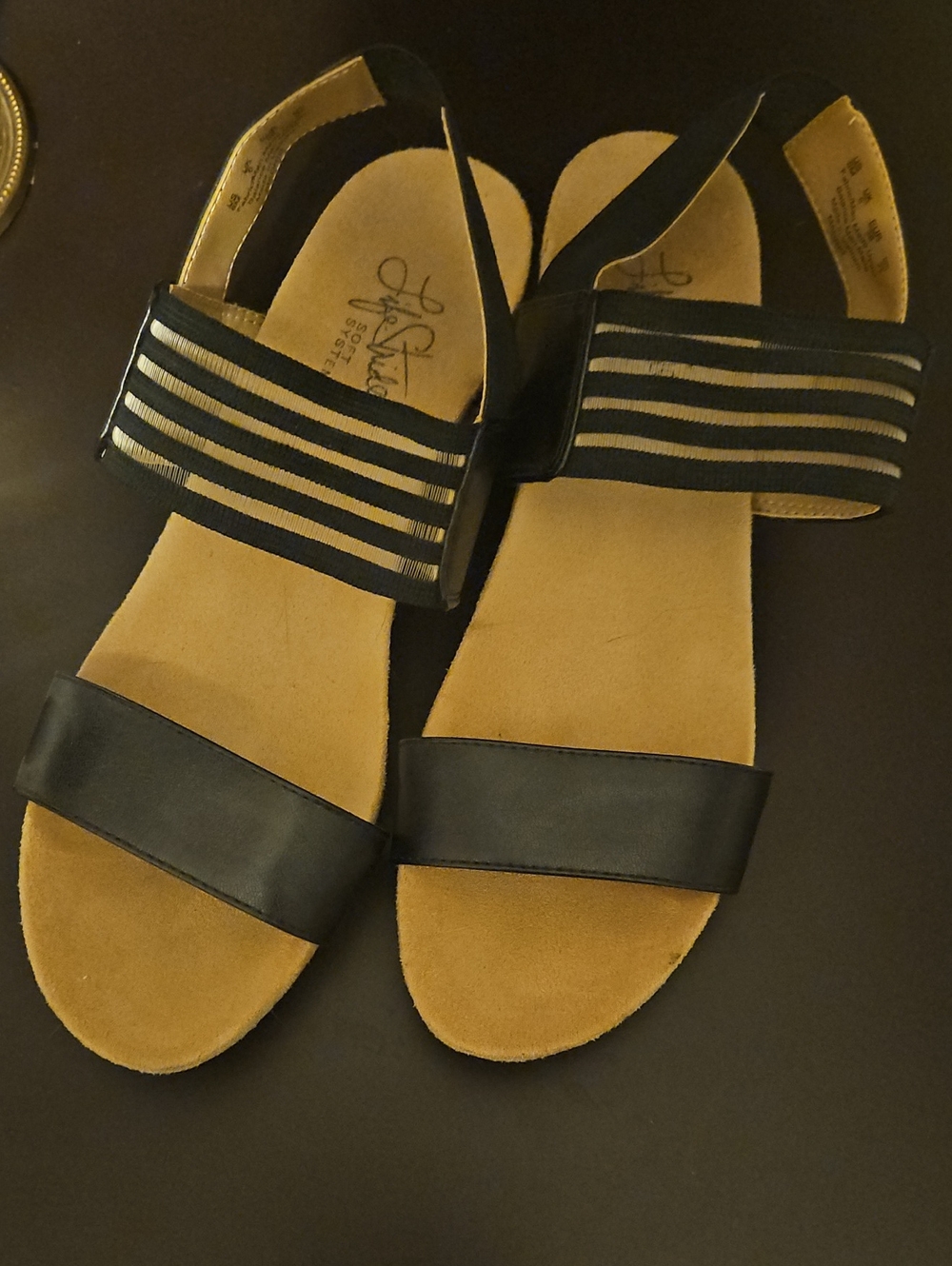 Life Stride Black Slip-On Women's Sandals with Striped Ankle Band
